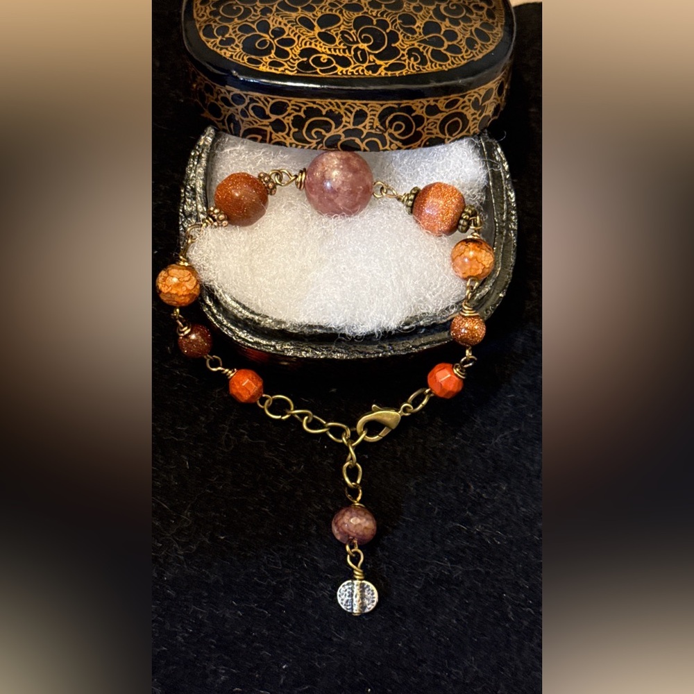 Handmade Strawberry Quartz & Dragon Agate Bracelet with antique Brass Accents